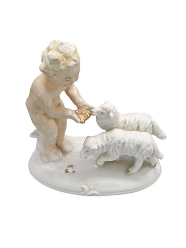 Vintage Porcelain German Figurine Little Boy With 2 Lambs